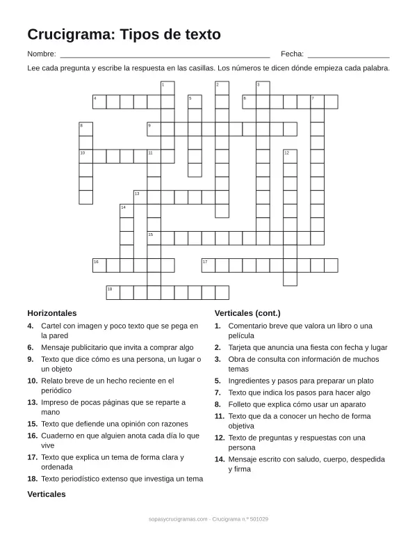 Hoja para imprimir del crucigrama de tipos de texto: cuadrícula numerada de 16 × 19 con 9 palabras horizontales y 9 verticales, y la lista de pistas.
