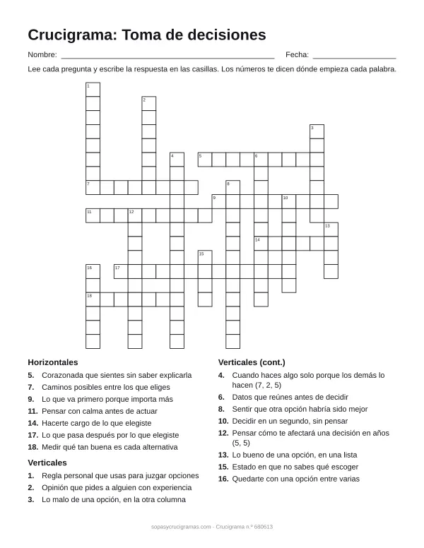 Hoja para imprimir del crucigrama de la toma de decisiones: cuadrícula numerada de 19 × 18 con 7 palabras horizontales y 11 verticales, y la lista de pistas.