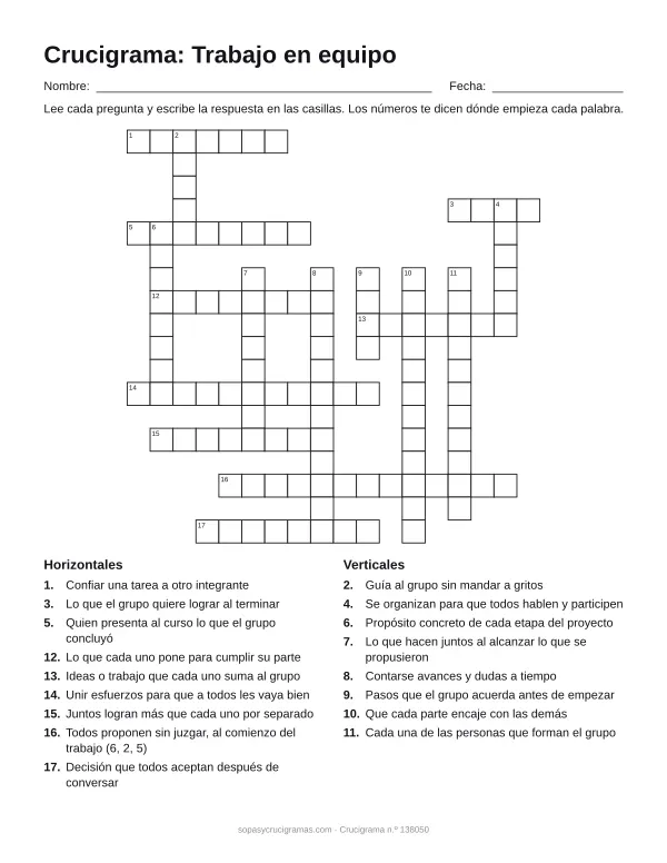 Hoja para imprimir del crucigrama del trabajo en equipo: cuadrícula numerada de 18 × 18 con 9 palabras horizontales y 8 verticales, y la lista de pistas.