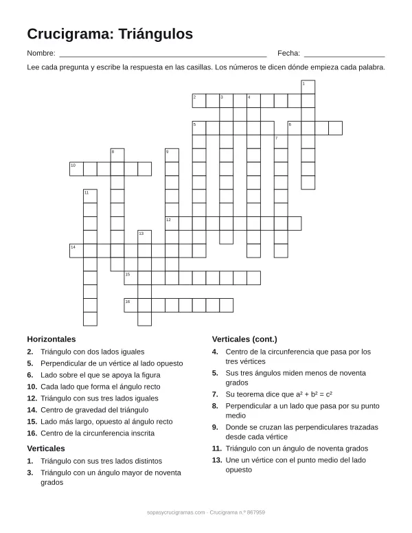 Hoja para imprimir del crucigrama de triángulos: cuadrícula numerada de 18 × 20 con 8 palabras horizontales y 9 verticales, y la lista de pistas.