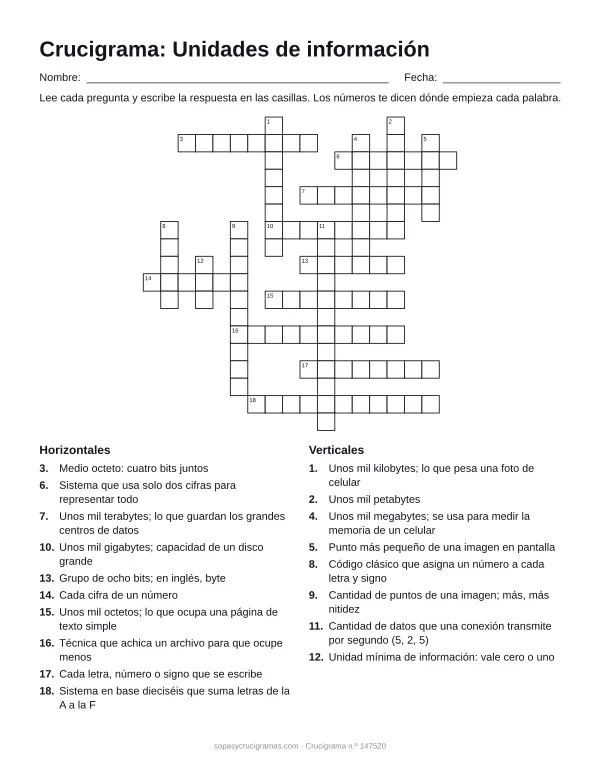 Hoja para imprimir del crucigrama de unidades de información: cuadrícula numerada de 18 × 18 con 10 palabras horizontales y 8 verticales, y la lista de pistas.