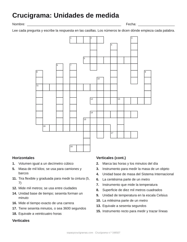 Hoja para imprimir del crucigrama de unidades de medida: cuadrícula numerada de 17 × 17 con 8 palabras horizontales y 10 verticales, y la lista de pistas.