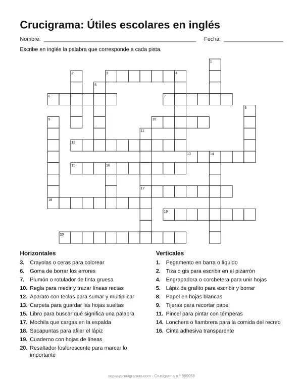 Hoja para imprimir del crucigrama de útiles escolares en inglés: cuadrícula numerada de 16 × 18 con 11 palabras horizontales y 9 verticales, y la lista de pistas.