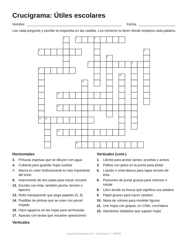 Hoja para imprimir del crucigrama de útiles escolares: cuadrícula numerada de 18 × 18 con 9 palabras horizontales y 9 verticales, y la lista de pistas.
