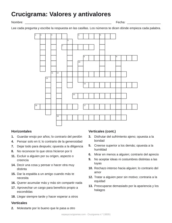 Hoja para imprimir del crucigrama de valores y antivalores: cuadrícula numerada de 17 × 19 con 10 palabras horizontales y 8 verticales, y la lista de pistas.