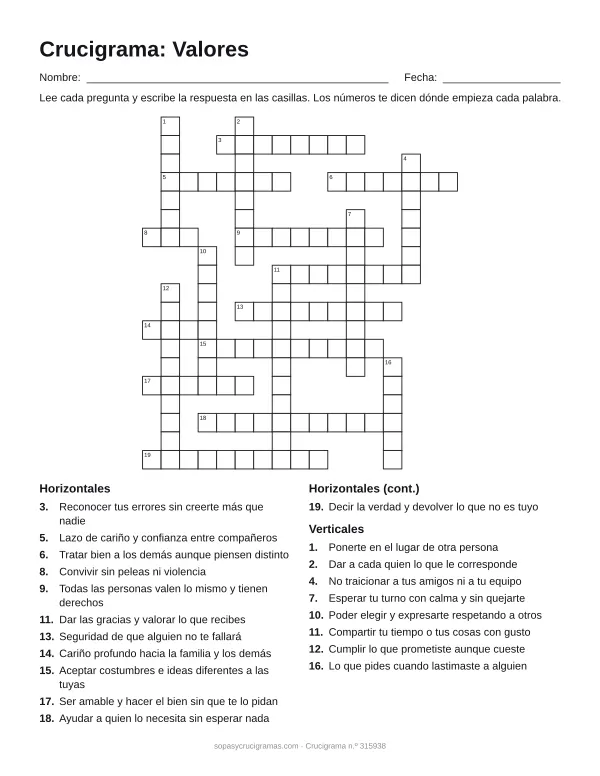 Hoja para imprimir del crucigrama de valores: cuadrícula numerada de 19 × 17 con 12 palabras horizontales y 8 verticales, y la lista de pistas.
