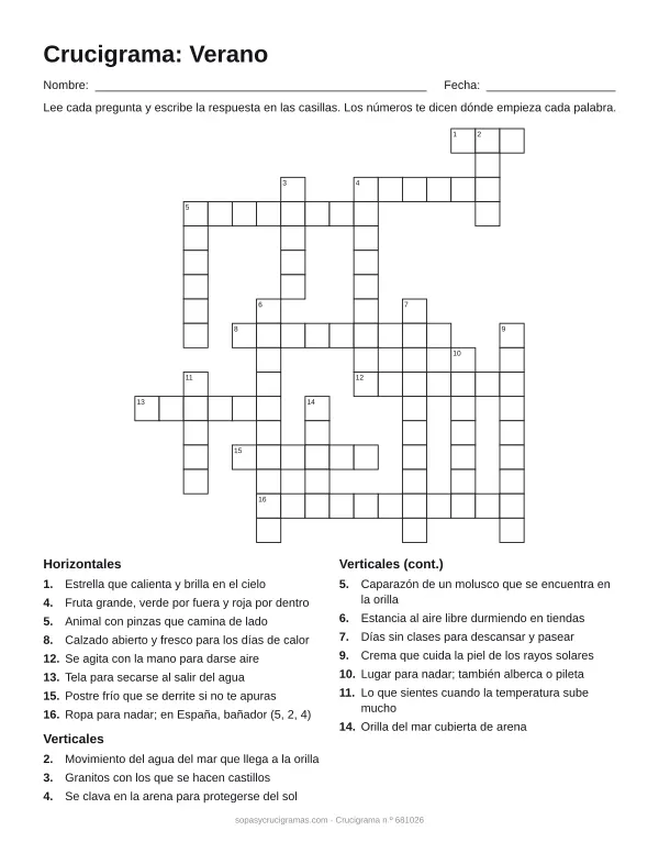 Hoja para imprimir del crucigrama de verano: cuadrícula numerada de 17 × 16 con 8 palabras horizontales y 10 verticales, y la lista de pistas.