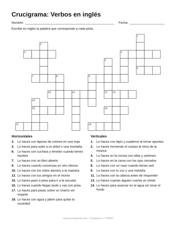 Hoja para imprimir del crucigrama de verbos en inglés: cuadrícula numerada de 12 × 18 con 11 palabras horizontales y 9 verticales, y la lista de pistas.