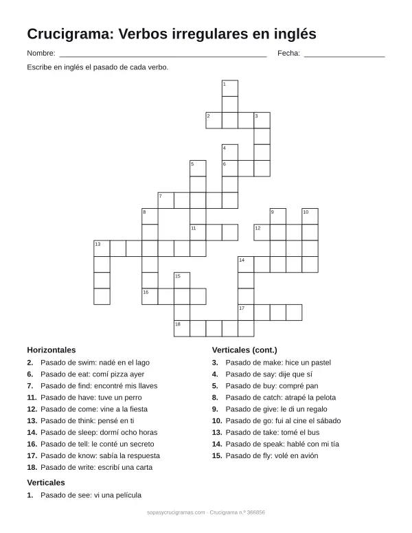 Hoja para imprimir del crucigrama de verbos irregulares en inglés: cuadrícula numerada de 16 × 14 con 10 palabras horizontales y 10 verticales, y la lista de pistas.