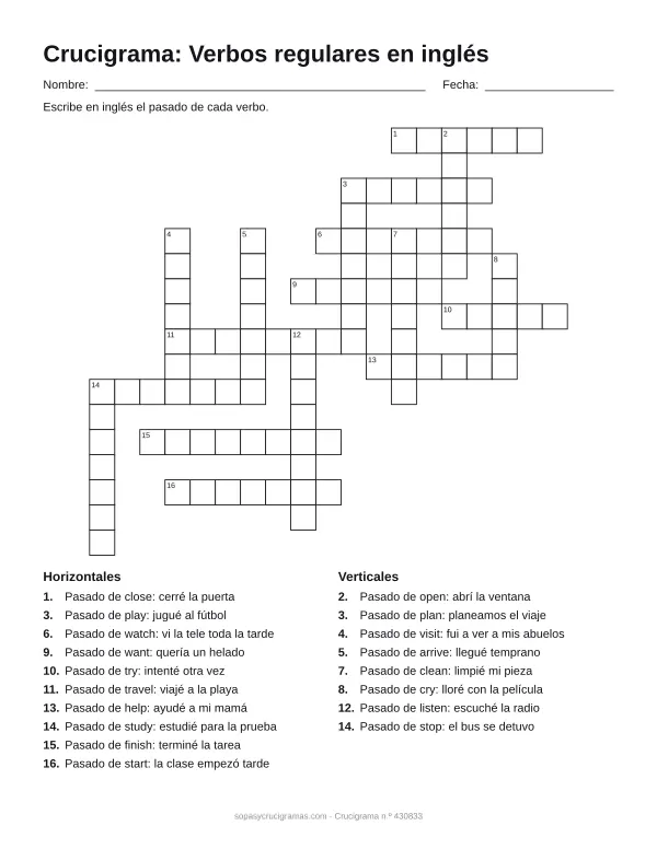 Hoja para imprimir del crucigrama de verbos regulares en inglés: cuadrícula numerada de 17 × 19 con 10 palabras horizontales y 8 verticales, y la lista de pistas.
