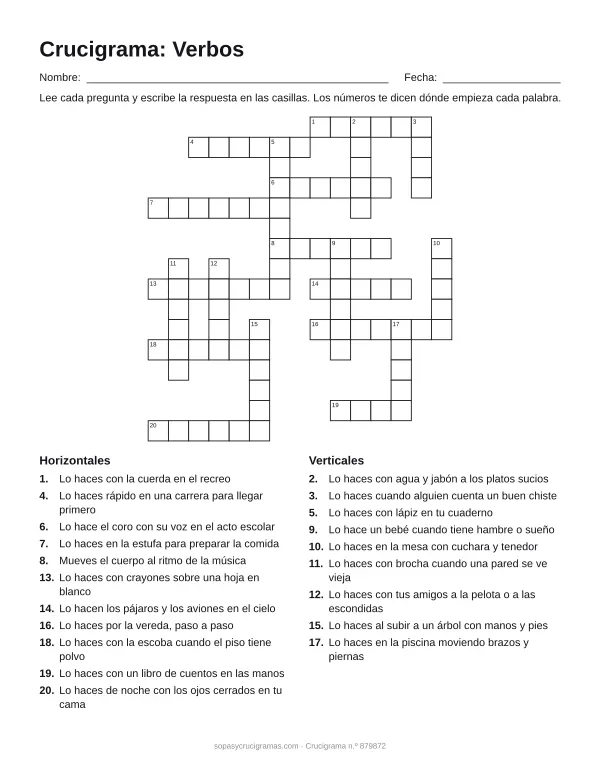 Hoja para imprimir del crucigrama de verbos: cuadrícula numerada de 16 × 15 con 11 palabras horizontales y 9 verticales, y la lista de pistas.