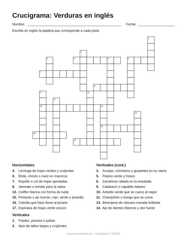 Hoja para imprimir del crucigrama de las verduras en inglés: cuadrícula numerada de 18 × 18 con 8 palabras horizontales y 10 verticales, y la lista de pistas.
