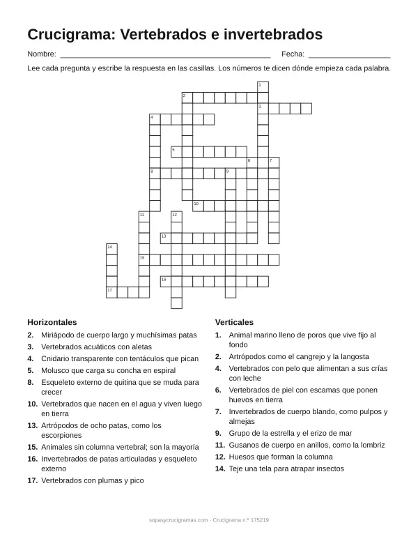 Hoja para imprimir del crucigrama de vertebrados e invertebrados: cuadrícula numerada de 21 × 19 con 10 palabras horizontales y 9 verticales, y la lista de pistas.