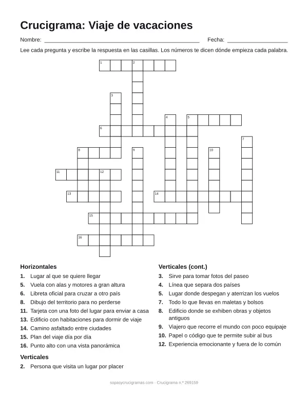 Hoja para imprimir del crucigrama del viaje de vacaciones: cuadrícula numerada de 18 × 18 con 9 palabras horizontales y 9 verticales, y la lista de pistas.