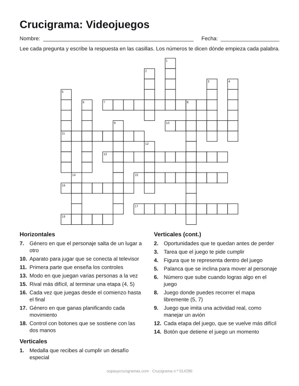 Hoja para imprimir del crucigrama de videojuegos: cuadrícula numerada de 16 × 17 con 8 palabras horizontales y 10 verticales, y la lista de pistas.