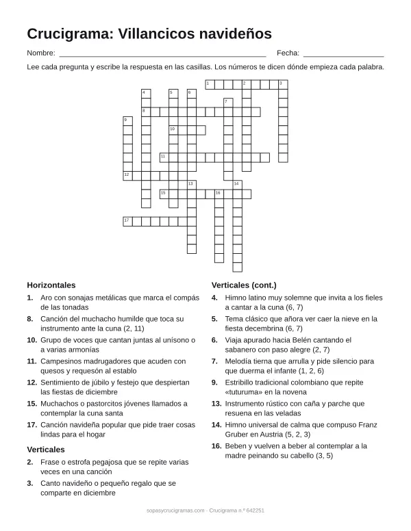 Hoja para imprimir del crucigrama de los villancicos navideños: cuadrícula numerada de 21 × 18 con 7 palabras horizontales y 10 verticales, y la lista de pistas.
