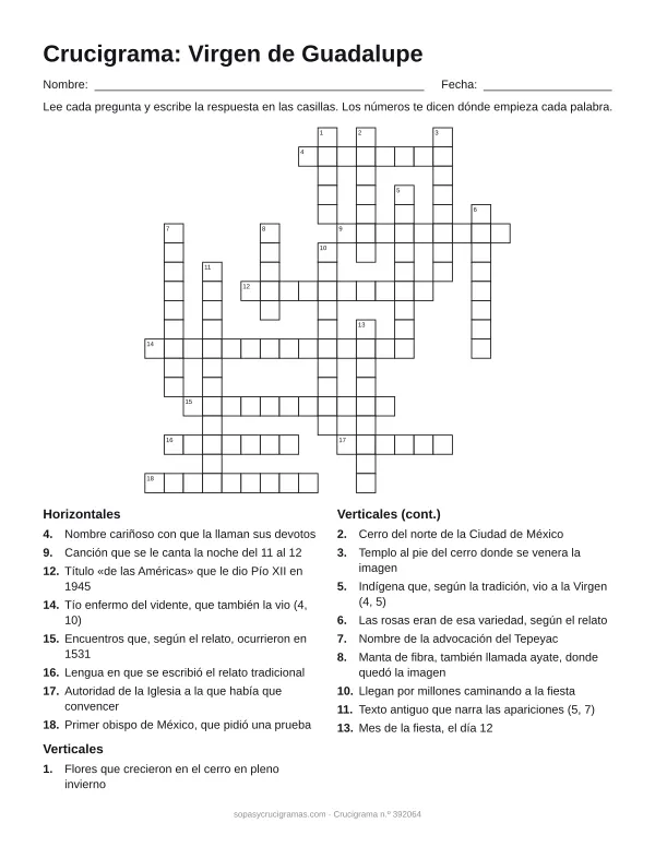 Hoja para imprimir del crucigrama de la Virgen de Guadalupe: cuadrícula numerada de 19 × 19 con 8 palabras horizontales y 10 verticales, y la lista de pistas.