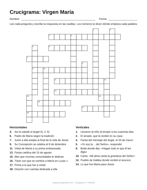 Hoja para imprimir del crucigrama de la Virgen María: cuadrícula numerada de 17 × 17 con 10 palabras horizontales y 8 verticales, y la lista de pistas.