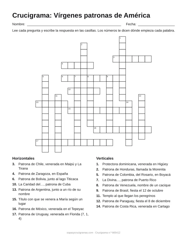 Hoja para imprimir del crucigrama de las vírgenes patronas de América: cuadrícula numerada de 18 × 18 con 8 palabras horizontales y 9 verticales, y la lista de pistas.