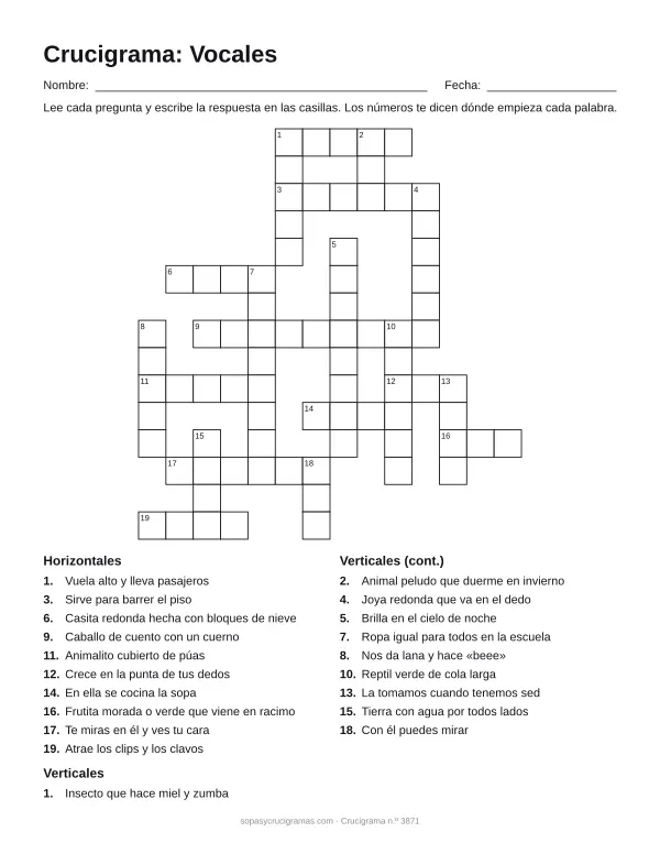 Hoja para imprimir del crucigrama de las vocales: cuadrícula numerada de 15 × 14 con 10 palabras horizontales y 10 verticales, y la lista de pistas.