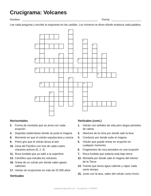 Hoja para imprimir del crucigrama de los volcanes: cuadrícula numerada de 18 × 17 con 9 palabras horizontales y 9 verticales, y la lista de pistas.