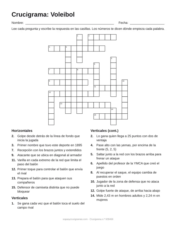 Hoja para imprimir del crucigrama de voleibol: cuadrícula numerada de 16 × 14 con 8 palabras horizontales y 9 verticales, y la lista de pistas.