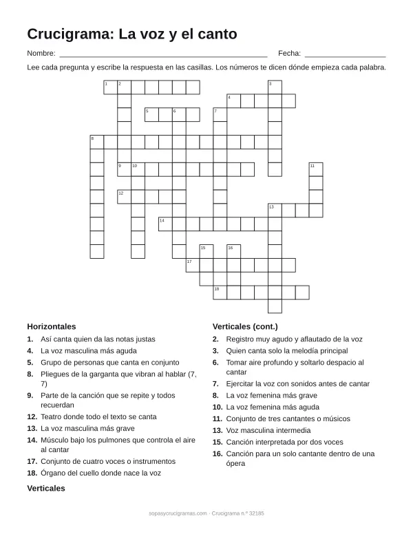 Hoja para imprimir del crucigrama de la voz y el canto: cuadrícula numerada de 17 × 17 con 10 palabras horizontales y 10 verticales, y la lista de pistas.