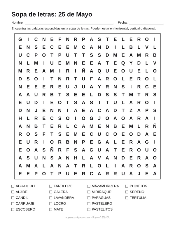Hoja para imprimir de la sopa de letras del 25 de Mayo: cuadrícula de 18 × 18 letras con 18 palabras escondidas, renglones para nombre y fecha y la lista de palabras para tachar.