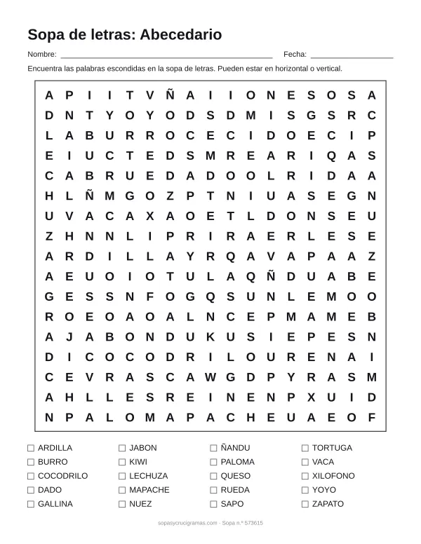 Hoja para imprimir de la sopa de letras del abecedario: cuadrícula de 17 × 17 letras con 20 palabras escondidas, renglones para nombre y fecha y la lista de palabras para tachar.