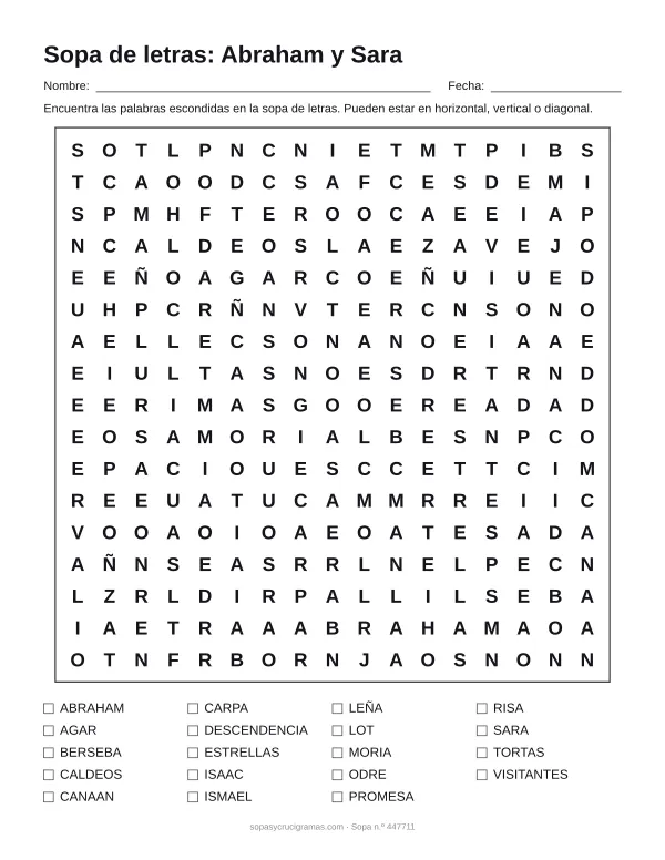 Hoja para imprimir de la sopa de letras de Abraham y Sara: cuadrícula de 17 × 17 letras con 19 palabras escondidas, renglones para nombre y fecha y la lista de palabras para tachar.