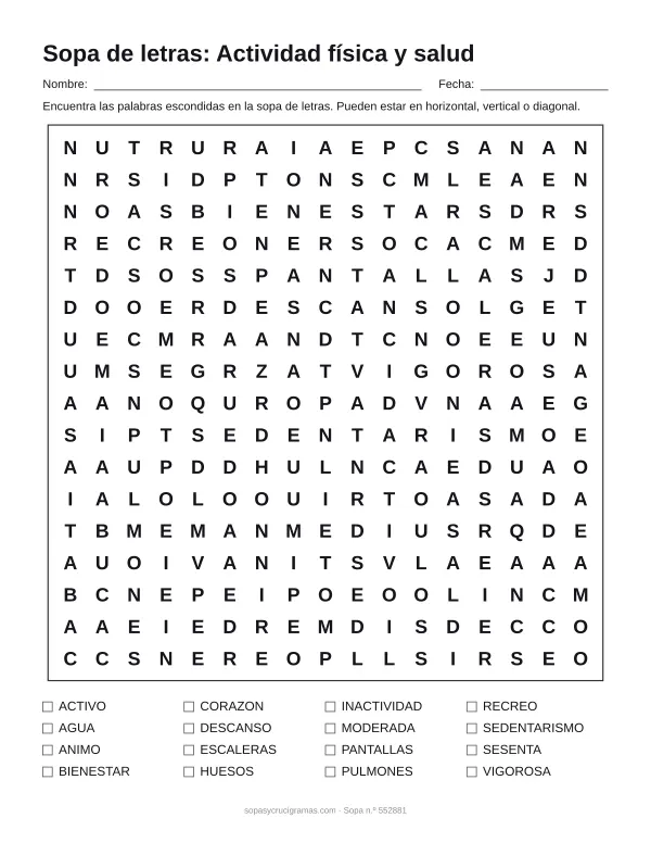 Hoja para imprimir de la sopa de letras de actividad física y salud: cuadrícula de 17 × 17 letras con 16 palabras escondidas, renglones para nombre y fecha y la lista de palabras para tachar.