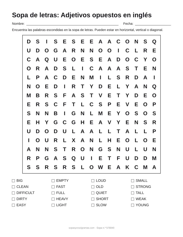 Hoja para imprimir de la sopa de letras de adjetivos opuestos en inglés: cuadrícula de 15 × 15 letras con 20 palabras escondidas, renglones para nombre y fecha y la lista de palabras para tachar.
