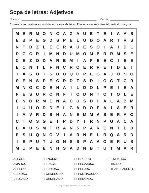 Hoja para imprimir de la sopa de letras de adjetivos: cuadrícula de 18 × 18 letras con 18 palabras escondidas, renglones para nombre y fecha y la lista de palabras para tachar.