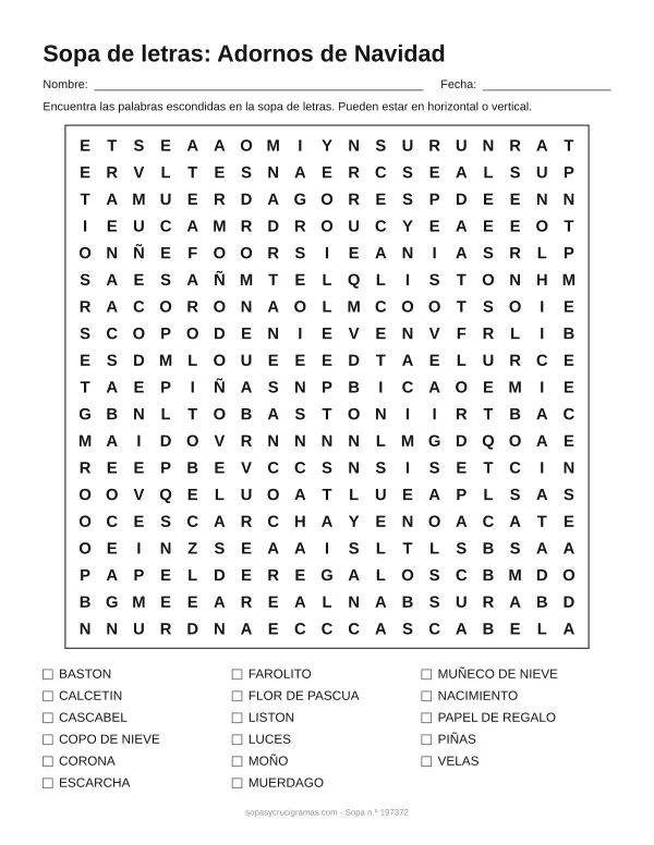 Hoja para imprimir de la sopa de letras de adornos de Navidad: cuadrícula de 19 × 19 letras con 17 palabras escondidas, renglones para nombre y fecha y la lista de palabras para tachar.