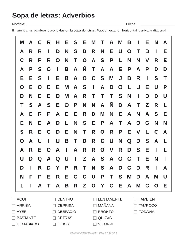 Hoja para imprimir de la sopa de letras de adverbios: cuadrícula de 17 × 17 letras con 18 palabras escondidas, renglones para nombre y fecha y la lista de palabras para tachar.