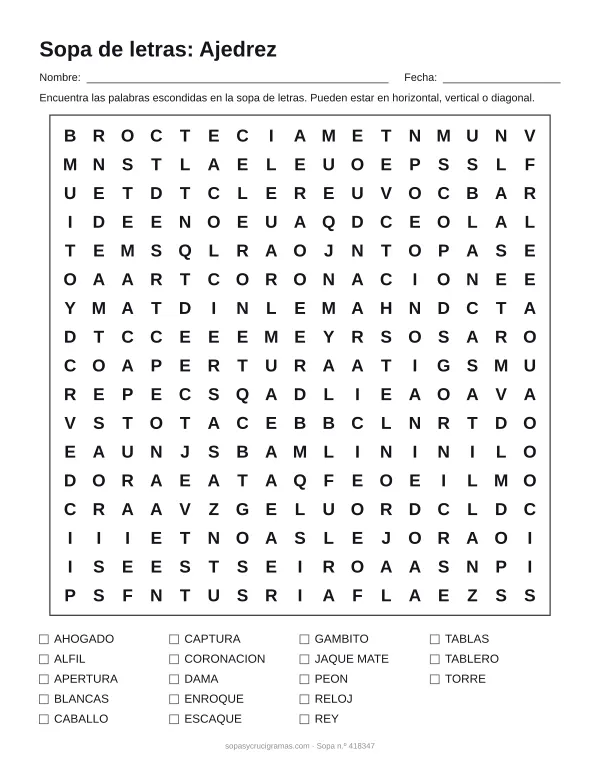 Hoja para imprimir de la sopa de letras de ajedrez: cuadrícula de 17 × 17 letras con 18 palabras escondidas, renglones para nombre y fecha y la lista de palabras para tachar.