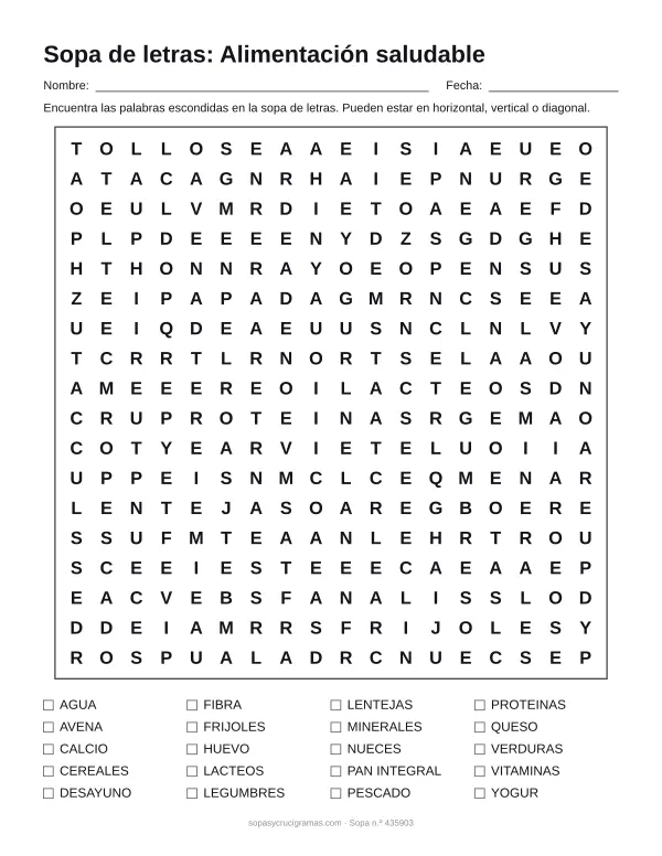 Hoja para imprimir de la sopa de letras de alimentación saludable: cuadrícula de 18 × 18 letras con 20 palabras escondidas, renglones para nombre y fecha y la lista de palabras para tachar.