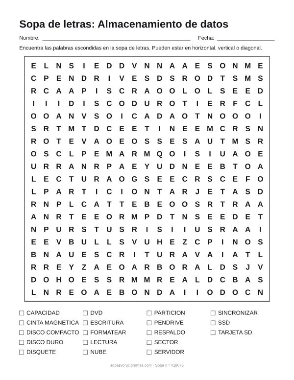 Hoja para imprimir de la sopa de letras del almacenamiento de datos: cuadrícula de 19 × 19 letras con 18 palabras escondidas, renglones para nombre y fecha y la lista de palabras para tachar.