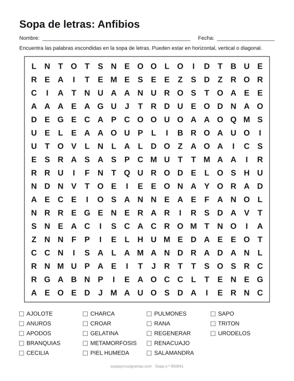 Hoja para imprimir de la sopa de letras de los anfibios: cuadrícula de 18 × 18 letras con 18 palabras escondidas, renglones para nombre y fecha y la lista de palabras para tachar.