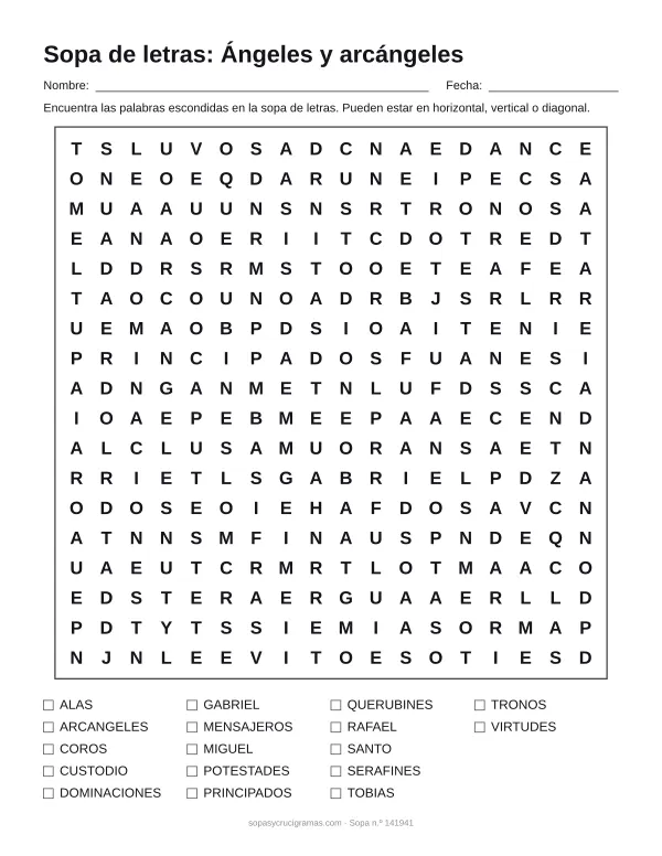 Hoja para imprimir de la sopa de letras de ángeles y arcángeles: cuadrícula de 18 × 18 letras con 17 palabras escondidas, renglones para nombre y fecha y la lista de palabras para tachar.