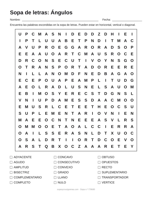 Hoja para imprimir de la sopa de letras de ángulos: cuadrícula de 18 × 18 letras con 18 palabras escondidas, renglones para nombre y fecha y la lista de palabras para tachar.
