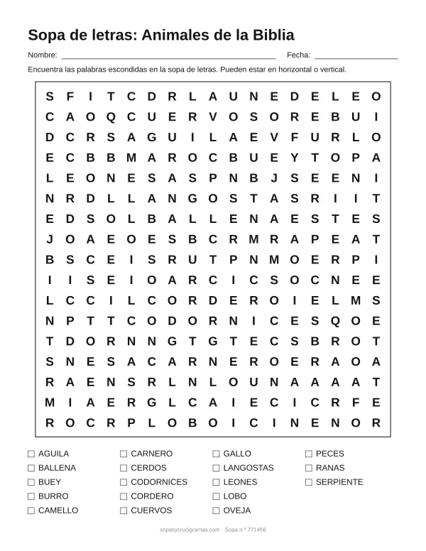 Hoja para imprimir de la sopa de letras de los animales de la Biblia: cuadrícula de 17 × 17 letras con 18 palabras escondidas, renglones para nombre y fecha y la lista de palabras para tachar.