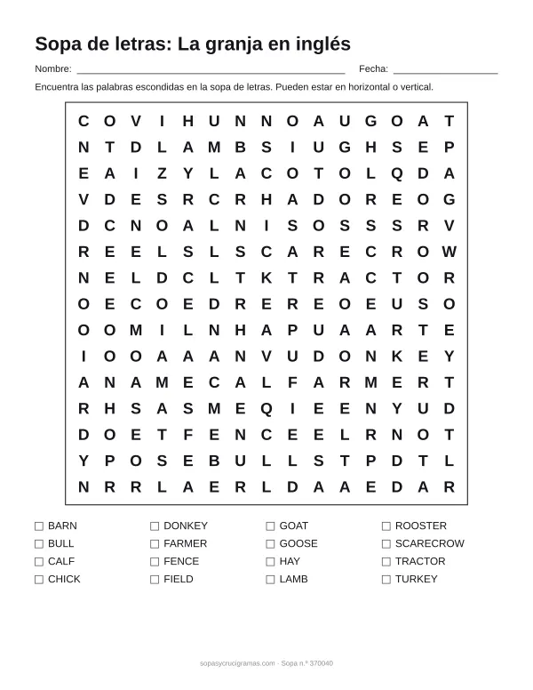 Hoja para imprimir de la sopa de letras de la granja en inglés: cuadrícula de 15 × 15 letras con 16 palabras escondidas, renglones para nombre y fecha y la lista de palabras para tachar.