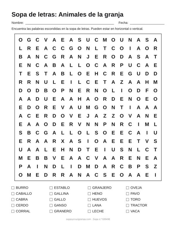Hoja para imprimir de la sopa de letras de los animales de la granja: cuadrícula de 17 × 17 letras con 20 palabras escondidas, renglones para nombre y fecha y la lista de palabras para tachar.