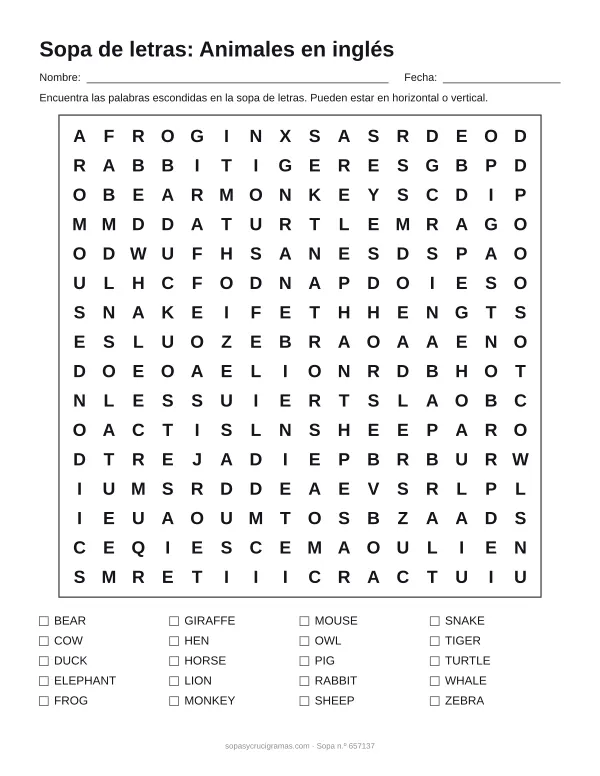 Hoja para imprimir de la sopa de letras de animales en inglés: cuadrícula de 16 × 16 letras con 20 palabras escondidas, renglones para nombre y fecha y la lista de palabras para tachar.