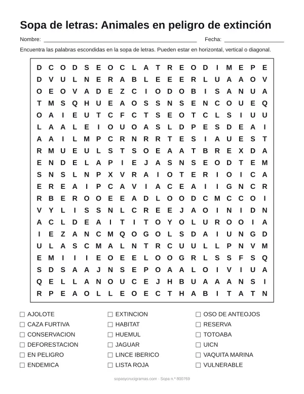 Hoja para imprimir de la sopa de letras de animales en peligro: cuadrícula de 20 × 20 letras con 18 palabras escondidas, renglones para nombre y fecha y la lista de palabras para tachar.