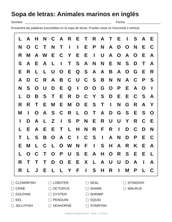 Hoja para imprimir de la sopa de letras de animales marinos en inglés: cuadrícula de 17 × 17 letras con 17 palabras escondidas, renglones para nombre y fecha y la lista de palabras para tachar.
