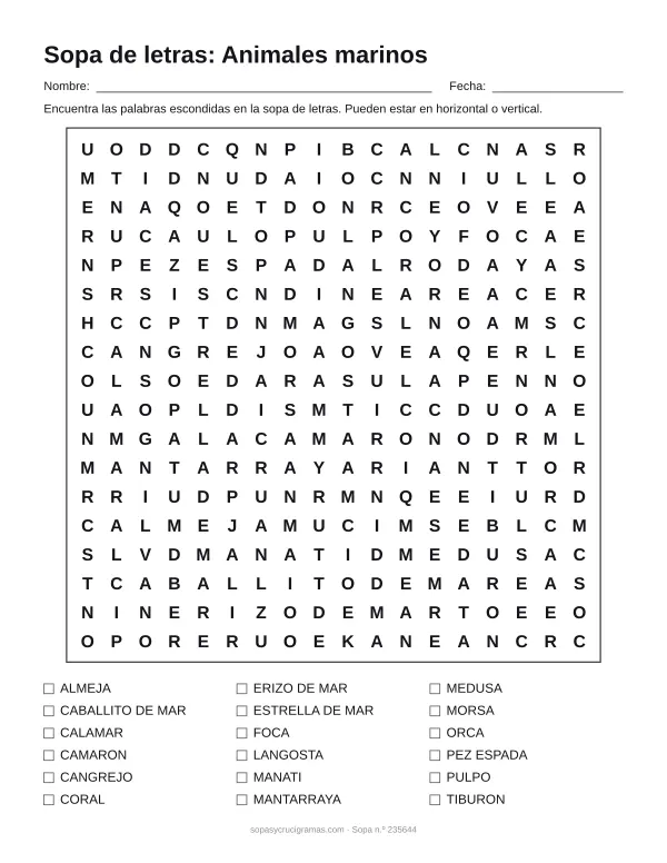 Hoja para imprimir de la sopa de letras de animales marinos: cuadrícula de 18 × 18 letras con 18 palabras escondidas, renglones para nombre y fecha y la lista de palabras para tachar.