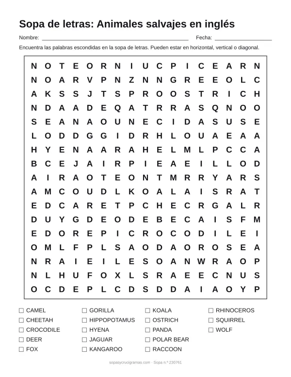Hoja para imprimir de la sopa de letras de animales salvajes en inglés: cuadrícula de 17 × 17 letras con 18 palabras escondidas, renglones para nombre y fecha y la lista de palabras para tachar.