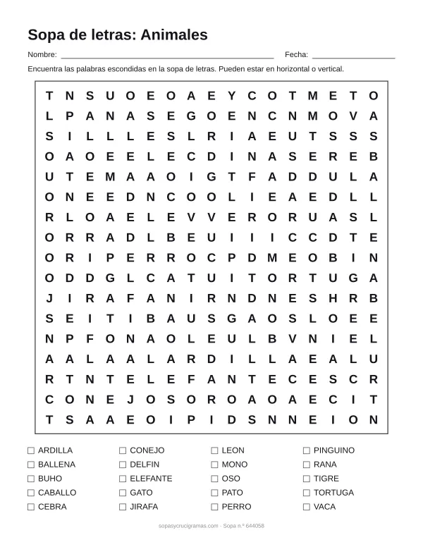 Hoja para imprimir de la sopa de letras de animales: cuadrícula de 17 × 17 letras con 20 palabras escondidas, renglones para nombre y fecha y la lista de palabras para tachar.